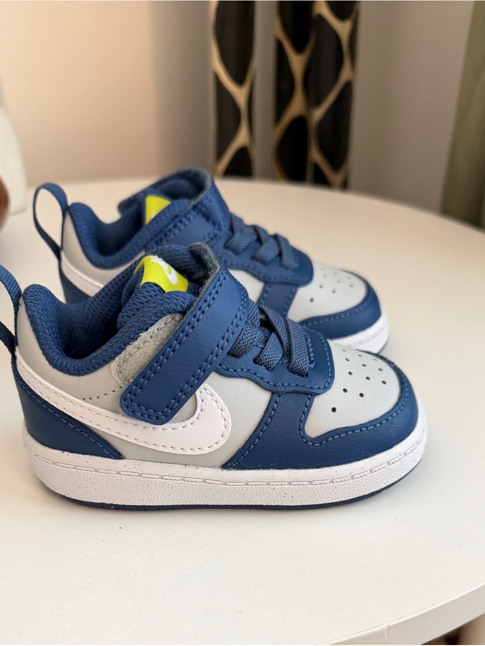 Nike Toddler Navy and White Hook-and-Loop Sneakers with Lime Accent